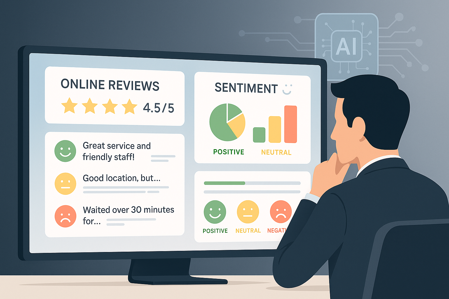 A Business Reviews Dashboard showing sentiment analysis pie chart and keyword highlights.