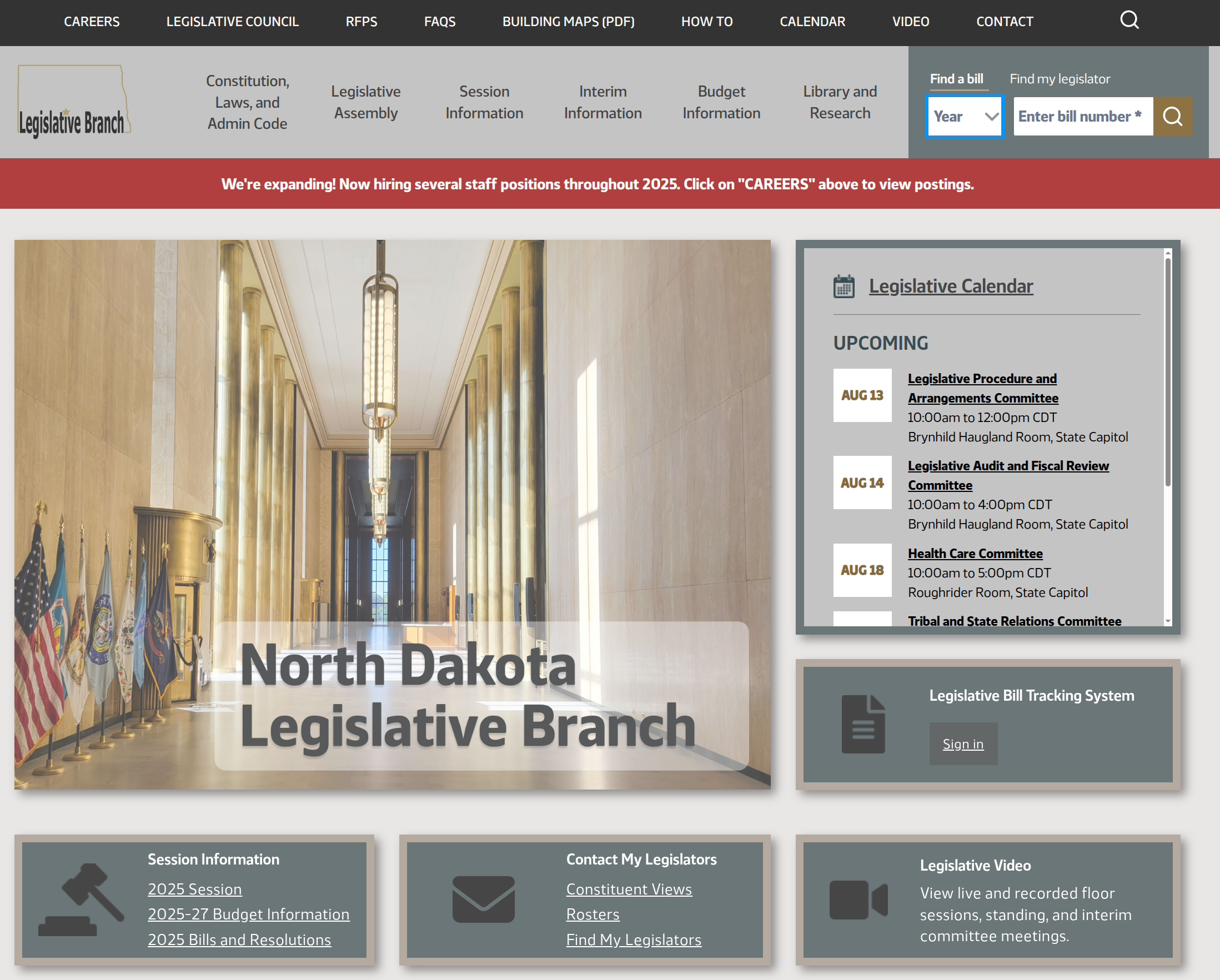 Screenshot of the North Dakota Legislative Branch homepage showing accessible navigation, quick links to bill tracking, calendars, and legislative sessions, with clear headings and high-contrast styling after accessibility remediation.