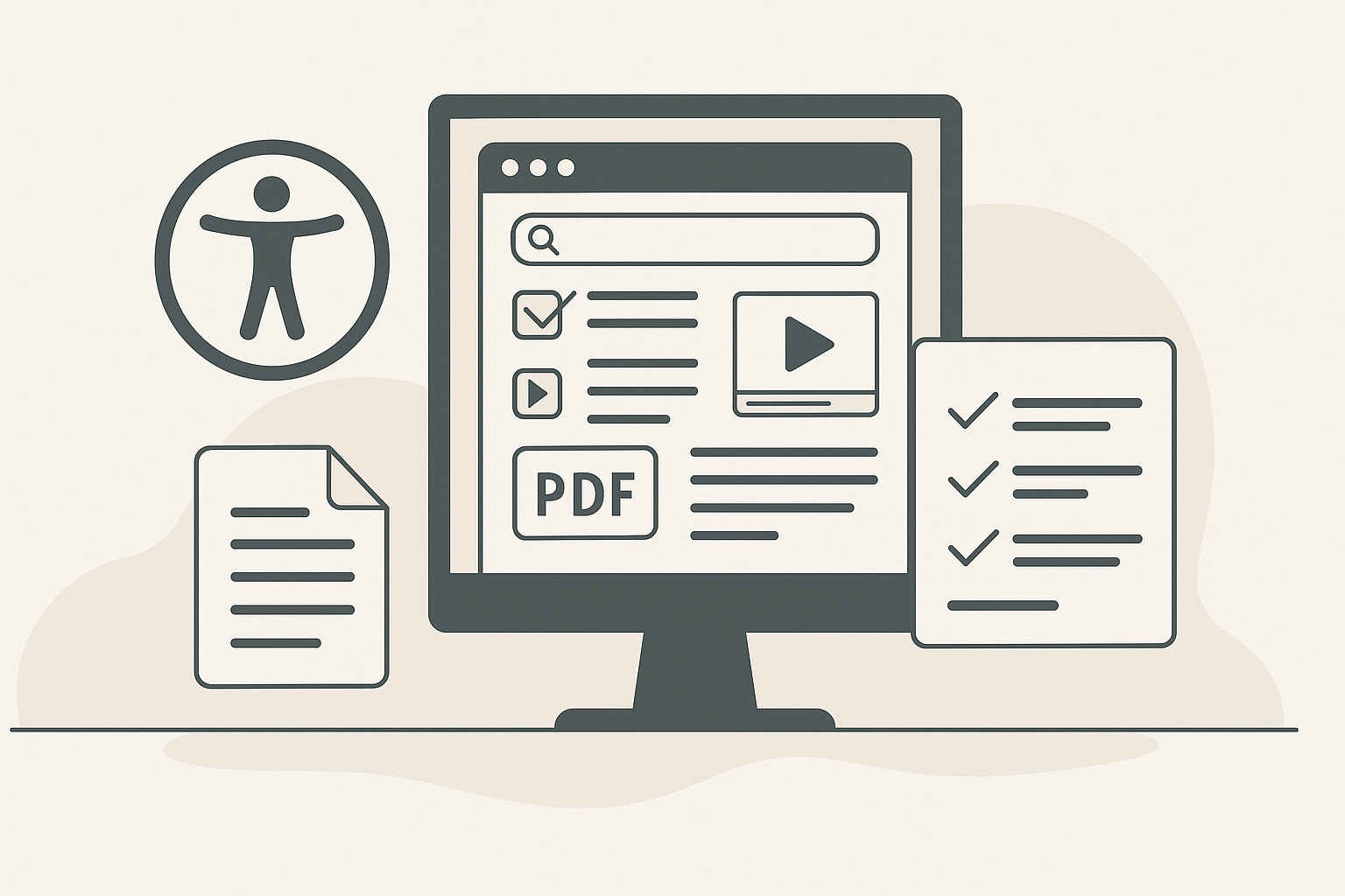 Illustration of a computer screen displaying accessible web content, including icons for PDFs, video, checklists, and an accessibility symbol, with surrounding documents and a soft beige background.